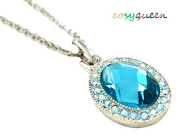 Charming Blue Aquamarine Swarovski element crystal oval pendant chain necklace - $9,999.00