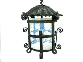 Antique Pendant Light Lantern Wrought Iron Original Wavy Glass and Paint - $210.38