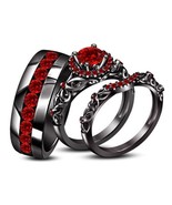 14k Black Gold Finish 1CT Red Garnet His &amp; Her Trio Wedding Ring Set - $84.14