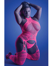 Glow Captivating Halter Bodystocking &amp; G-String Neon Pink QN - £16.15 GBP