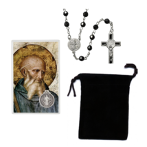 St. Benedict Rosary Black Faceted Beads, Prayer Card with Medal &amp; Rosary... - $14.99