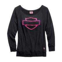 HARLEY DAVIDSON Pink Sequin Bar and Shield Black Long Sleeve Shirt Size ... - £22.42 GBP
