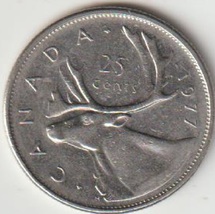 1977 Canadian The caribou Deer Twenty Five Cents Queen Elizabeth II coin KM#62b. - £1.51 GBP
