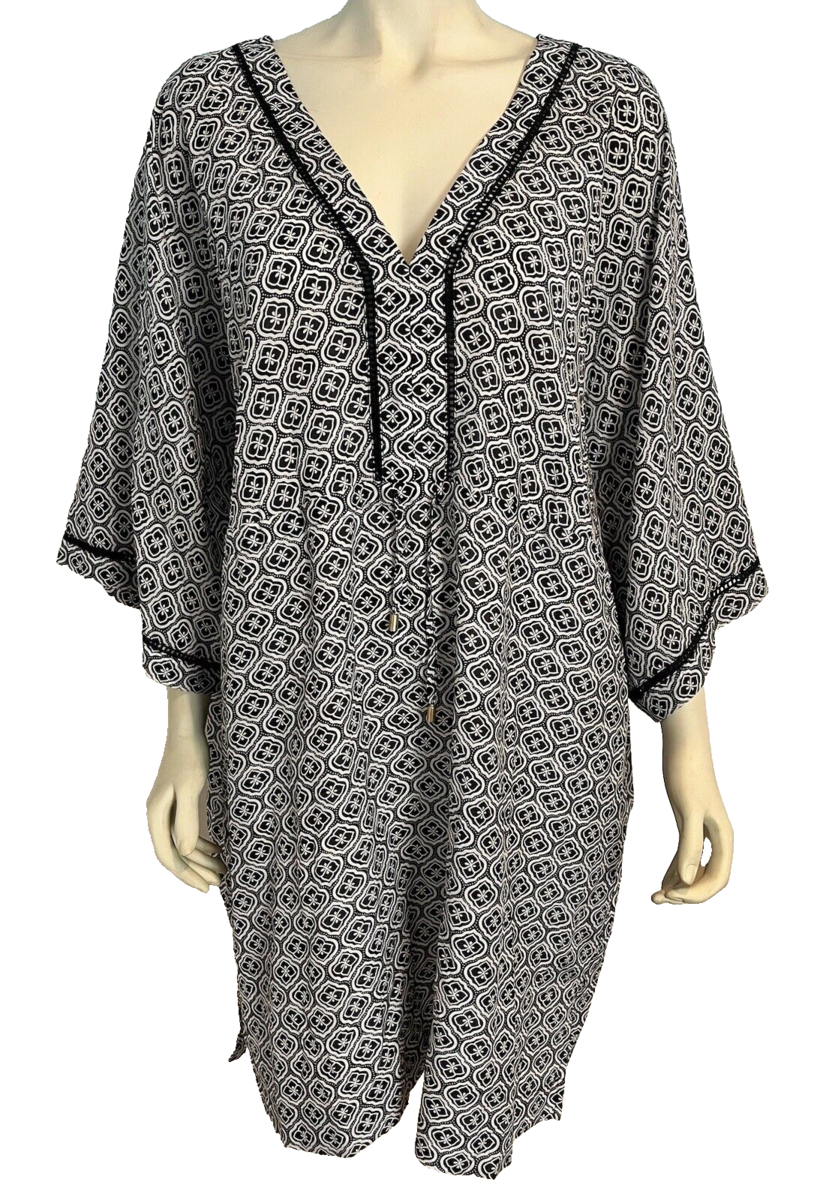 Lands&#39; End Black &amp; White Floral Print SS V Neck Swimsuit Coverup Dress  ... - $28.49