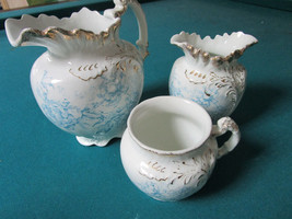 W H Grindley England Blue Peonia Chamber Vanity Ceramic Set 3 Pcs Original - $105.92