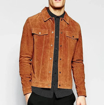 Brown Men&#39;s Genuine Lambskin Suede Leather Shirt Stylish Handmade Casual... - £89.48 GBP+