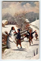 Christmas Postcard Snowman Children Playing Country Snowy Road HK &amp; Co Germany - £48.38 GBP