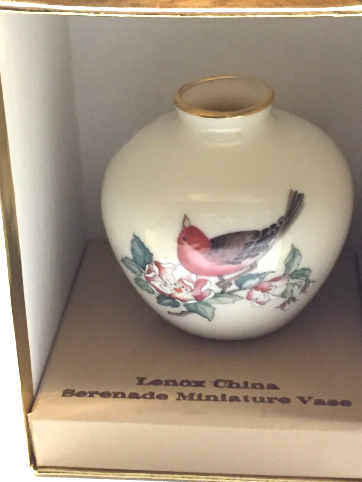 Primary image for Lenox Serenade Mini 2.5" Vase China Gold-Rim Pink Bird W/Flowers w/original box