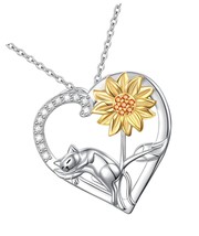 925 Sterling Silver Cat Necklace Sunflower Cat for - £74.98 GBP
