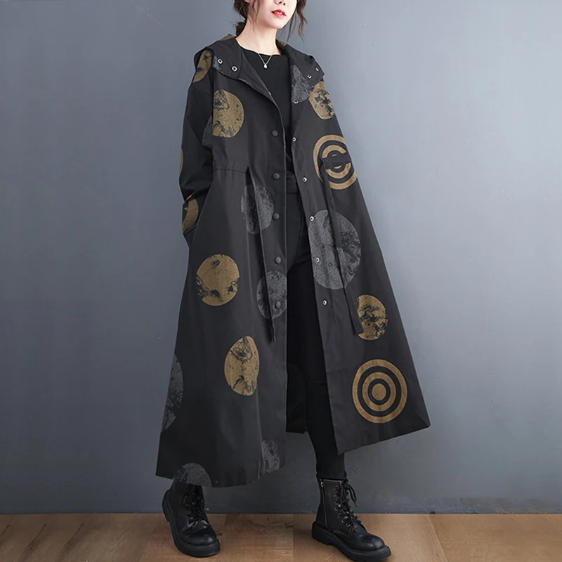 Oladivi &#39;s Long Hooded Jackets  Spring Autumn Fashion Polk Dot Print Trench Coat - £311.30 GBP