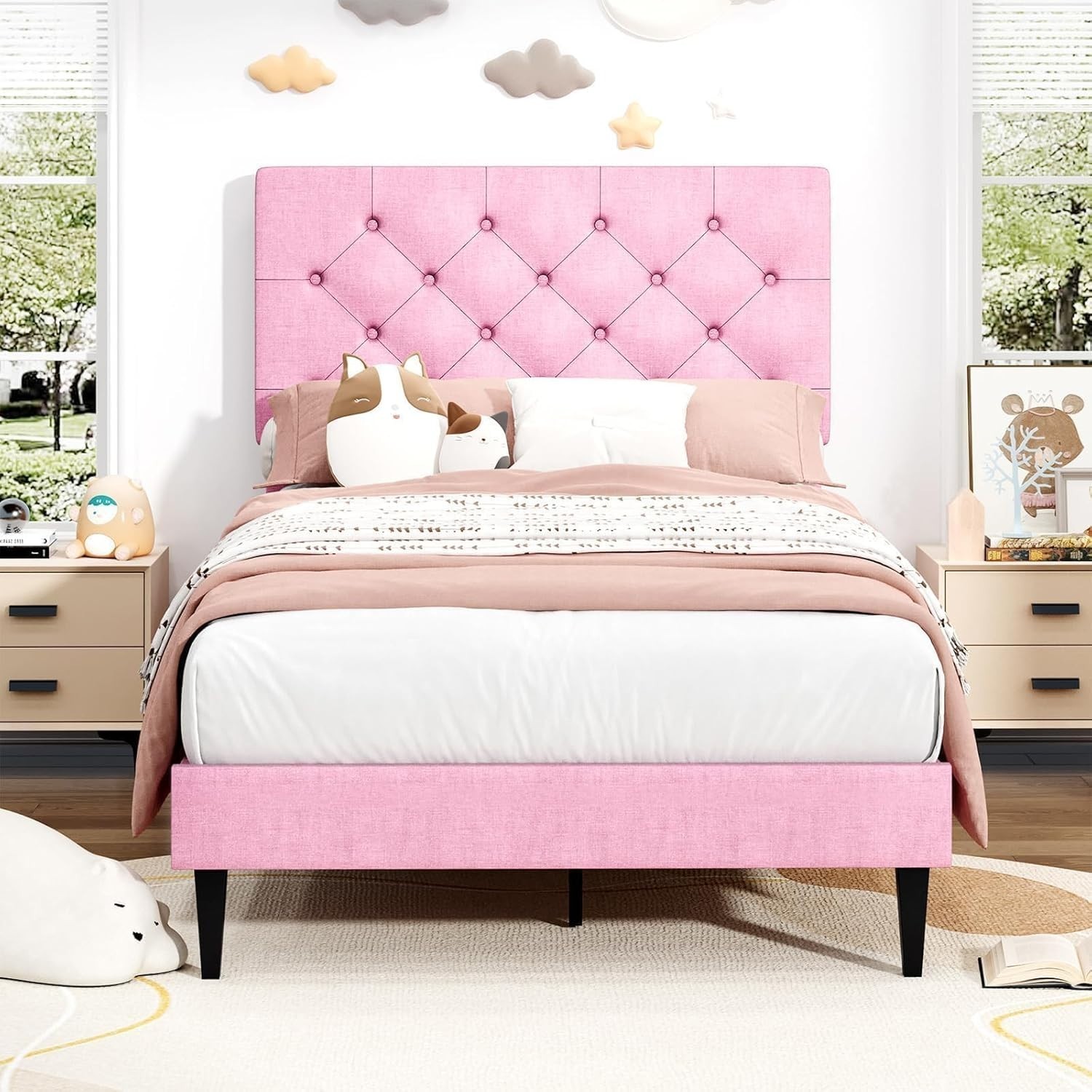 Pink Button Tufted Linen Upholstered Headboard Platform Bed Twin Bed Frame - $59.39