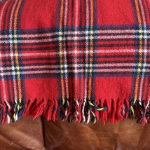 RED WOOL tartan plaid stadium throw blanket - vintage 50&quot; x 56&quot; with fringe - $35.00