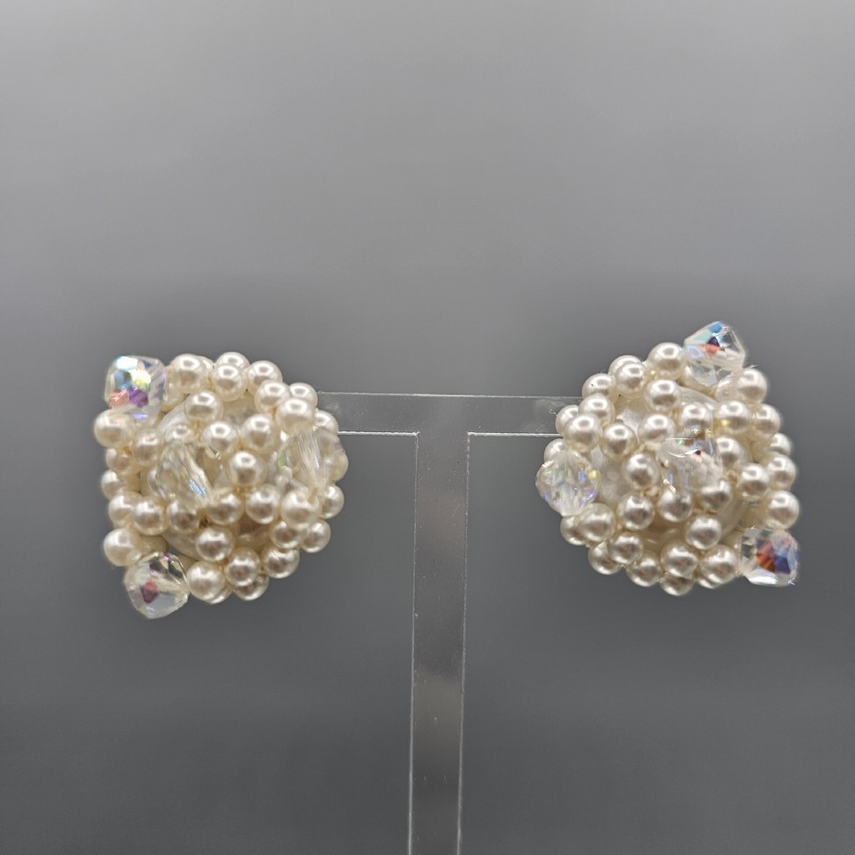 Vintage Japan Clip On Earrings Faux Pearl White Bead Iridescent Silver Tone - $14.99