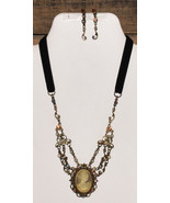 Vintage 1920-50&#39;s Cameo Necklace w Black Velvet Cord &amp; Matching Dangle E... - £31.59 GBP