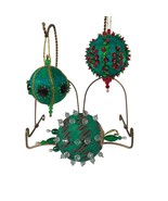 Vintage Handmade Green Satin and Beaded  Ornaments Set of 3 - £13.62 GBP