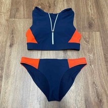 Athleta Womens 2PC Sporty Bikini Red Navy Blue Color Block Zip Front Size XS/S - $44.55