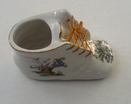 vintage adorable  white porcelain baby shoe bootie gold ties flowers  en... - $19.75