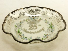 Lefton Glass Candy Dish, 25th Anniversary, Doves &amp; Bells, Scalloped, Silver Trim - £15.62 GBP