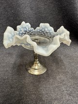 VTG Fenton Opalescent Hobnail Ruffled Compote W/Silver Tone Metal Base - £14.69 GBP