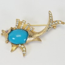 Jelly Belly Rhinestone Fish Brooch Pin Turquoise Glass Etched Gold - $16.65