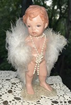 Handcrafted? Vtg Ceramic Auburn Hair Doll 8” Blu Eyes Standing Feather Boa Pearl - £50.85 GBP