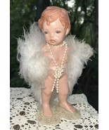 Handcrafted? Vtg Ceramic Auburn Hair Doll 8” Blu Eyes Standing Feather B... - £50.63 GBP