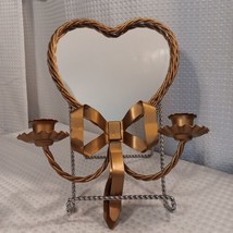 Homco Braided Gold Rope Heart Bow Double Candle Holder &amp; Mirror Vtg Wall Hanging - £29.60 GBP
