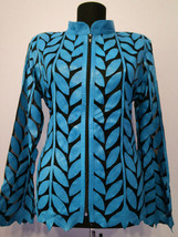  Ice Baby Blue Leather Leaf Jacket Women All Colors Sizes Genuine Short Light D4 - £179.85 GBP