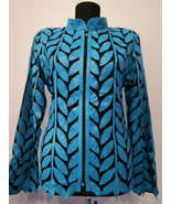  Ice Baby Blue Leather Leaf Jacket Women All Colors Sizes Genuine Short ... - £176.52 GBP