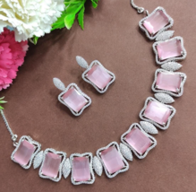 Bollywood Style Indian Pink Stone Silver Plated CZ Necklace Choker Jewelry Set - £74.39 GBP