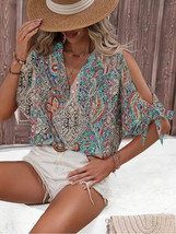 Paisley Print Cut Out Blouse, Vintage Half Sleeve V-neck Blouse For Summer - $27.30
