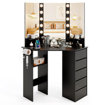 Corner Vanity Desk with 3-Color LED Lighted Mirror and Power Outlet-Blac... - $246.99