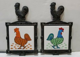 2 Vintage Cherry Cast Iron Framed Tile Trivet Colorful Rooster 70&#39;s Japan - £21.69 GBP