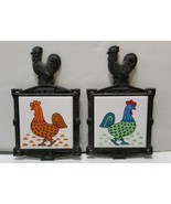 2 Vintage Cherry Cast Iron Framed Tile Trivet Colorful Rooster 70&#39;s Japan - £21.87 GBP