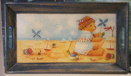 Teddy Bear Tray Beach Scene Handled Wood Tray Serving Platter 16&quot; x 9&quot; FS - £15.68 GBP