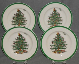 Set (4) Spode Christmas Tree Pattern Green Trim 10 3/4&quot; Dinner Plates England - £80.41 GBP