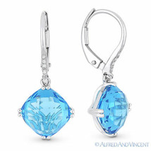 6.28ct Cushion Cut Blue Topaz &amp; Diamond Dangling Drop Earrings in 14k White Gold - £379.68 GBP