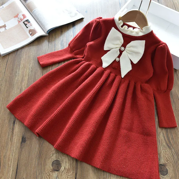 Autumn Winter Baby Girl  Dress Puff Sleeve Girls Knit Dress   Dress  Baby Girl C - £86.57 GBP