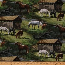 Scenic Farm Horses Creek Trail Bridge Green Cotton Fabric Print by Yard D465.13 - £18.86 GBP