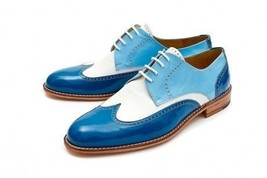Men Shoes Two Tone Oxford Blue White Plain Toe Premium Quality Leather Handmade - £109.41 GBP