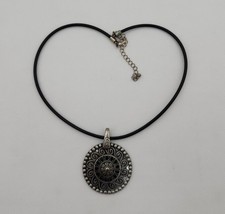 Chico&#39;s Black &amp; Silver Colored Rhinestone Mandala Pendant Choker Necklace - £12.84 GBP