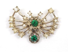 Butterfly Brooch Pin Green Rhinestones Glass Gold Plate Art Deco Vintage... - $27.50