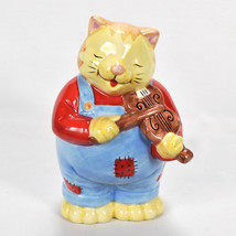 Vintage Russ Berrie Ceramic Piggy Coin Bank Tabby Cat Overalls Violin Fiddle - £23.16 GBP