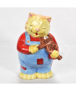 Vintage Russ Berrie Ceramic Piggy Coin Bank Tabby Cat Overalls Violin Fi... - $29.69