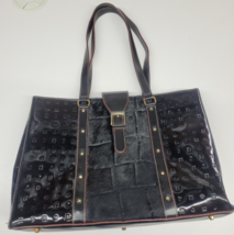 ARCADIA Black Patent Leather Embossed Tote Bag Carryall Handbag Cow Hide - $39.55