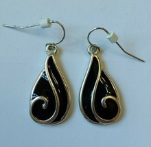 Black Enamel Silver Tone Swirl Drop Earrings Pierced Ears Dangle - £14.83 GBP