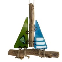 Handmade Sailboat Hanging Art Sea Glass Folk Art Driftwood Blue Green - £50.54 GBP