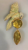 Chickadee Clear Green Crystals Goldtone Bird Pin Brooch Signed 4 1/2&quot; - £22.44 GBP