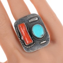sz8 Large Vintage Native American silver, turquoise/coral ring - £98.79 GBP