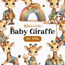 Bundle Watercolor Cute Baby Giraffe Clipart PNG - £2.37 GBP